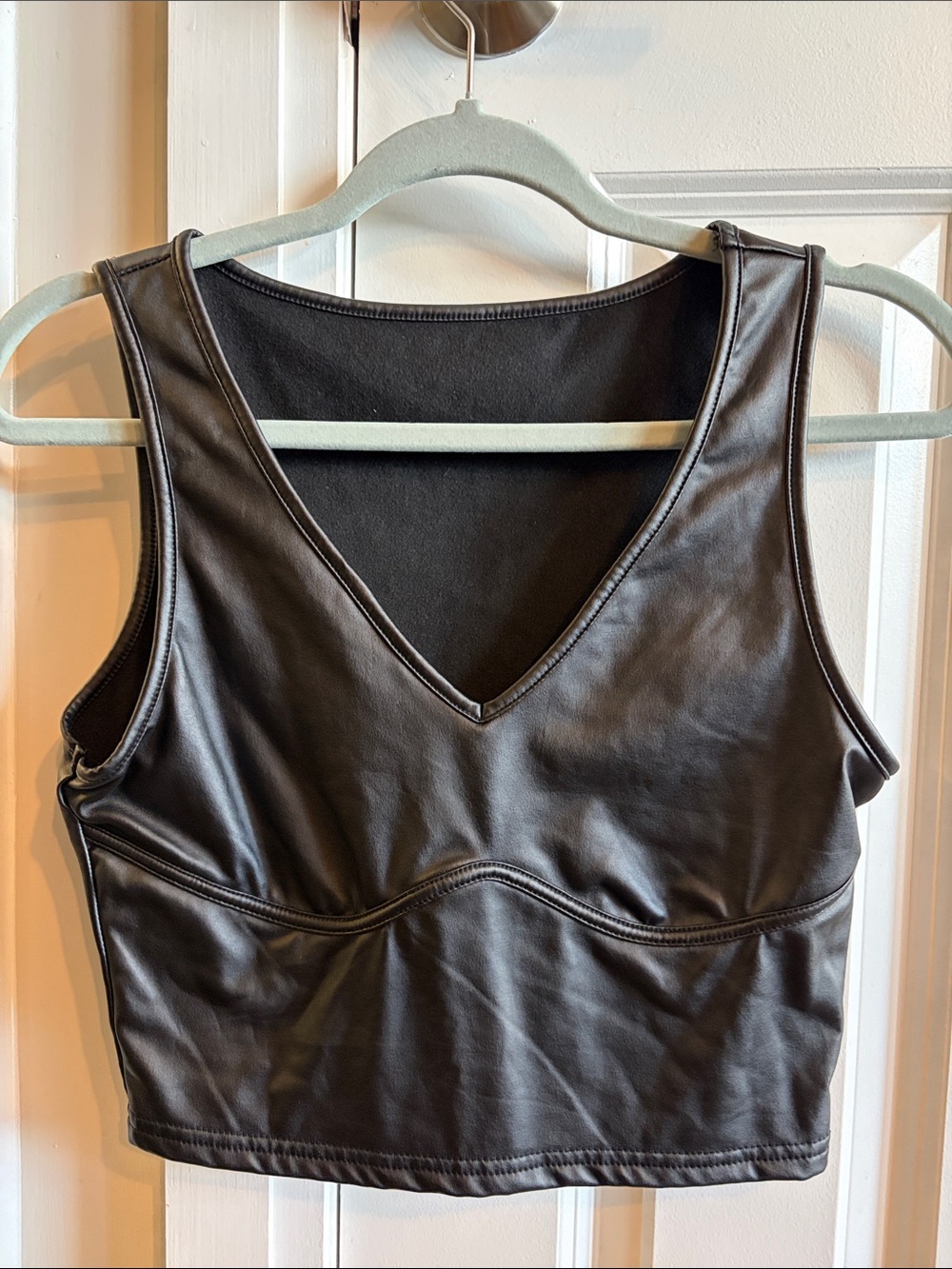 Black Faux Leather V-Neck Crop Top